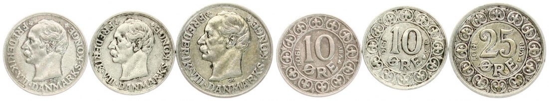  Dänemark: Frderik VIII., Wertvolles Lot von 2 x 10 und 1 x 25 Øre, alle in Silber!   