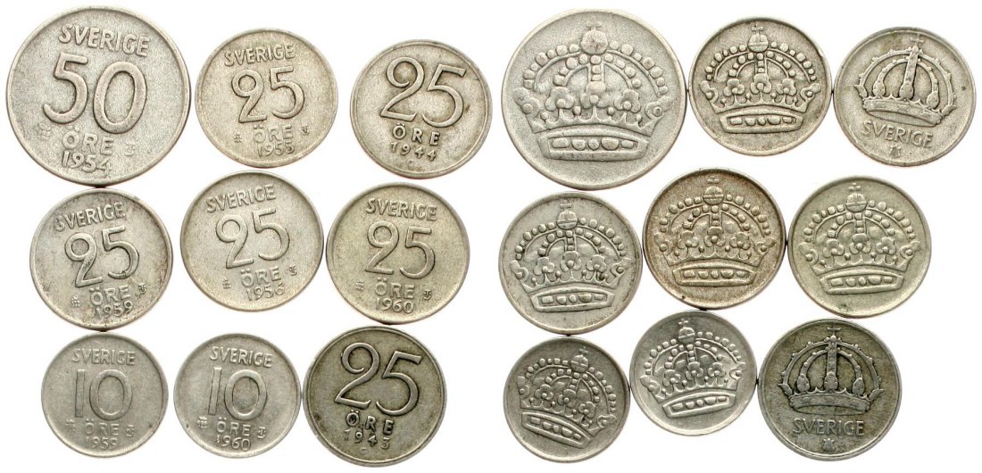  Schweden: Wertvolles Lot von 9 Silbermünzen, 21,6 gramm Brutto mit 8,64 gr. Feinsilber!   
