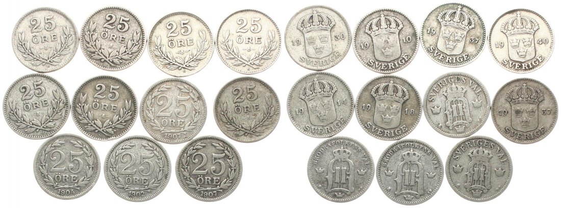  Schweden: Wertvolles Lot von 11 x 25 Øre ab 1902, 25,94 gramm Brutto mit 15,56 gr. Feinsilber!   