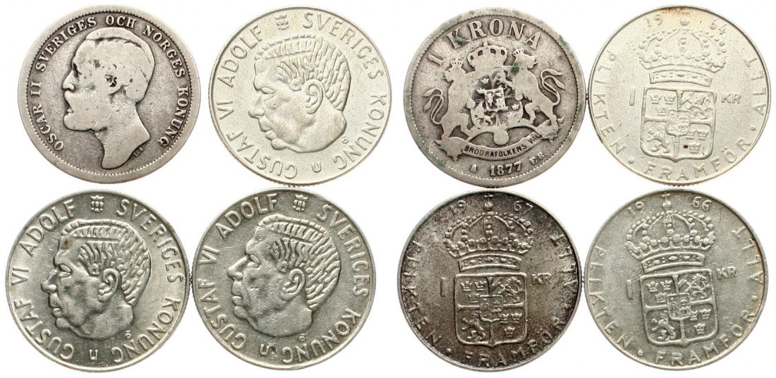  Schweden: Wertvolles Lot von 4 x 1 Krone ab 1877, 28,18 gramm Brutto mit 14,20 gr. Feinsilber!   
