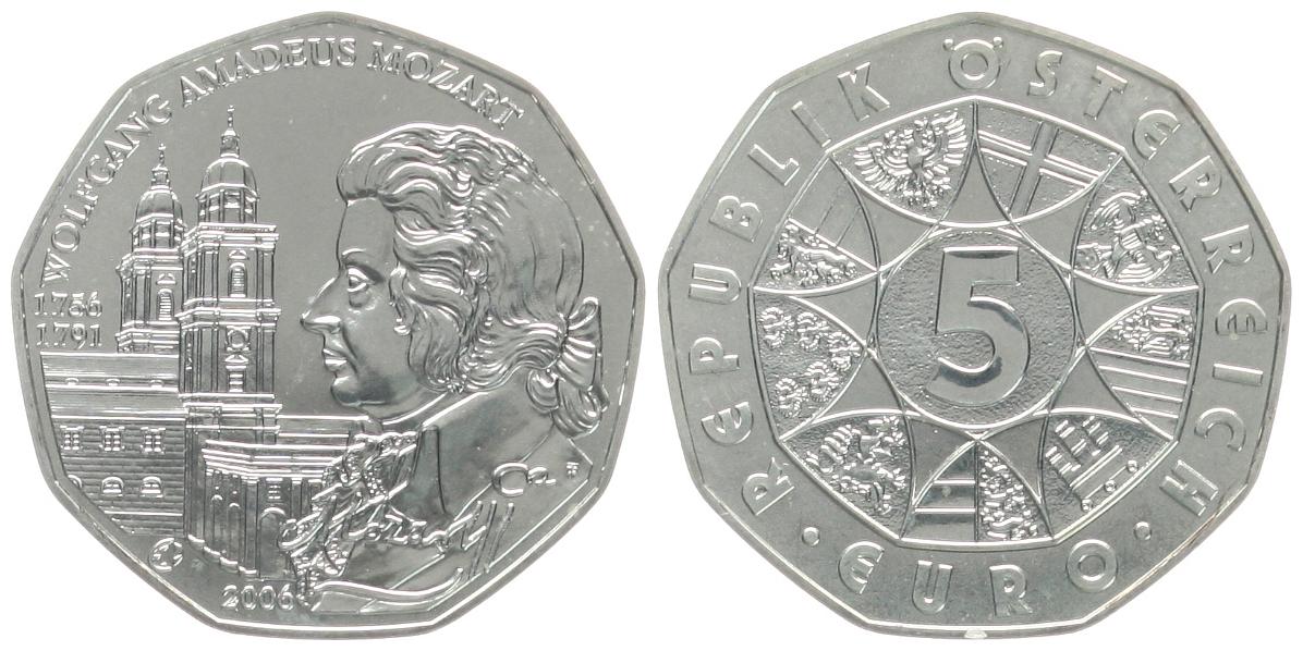  Österreich: 5 e 2006 auf den 250. Geburtstag von W. A. Mozart, Silber   