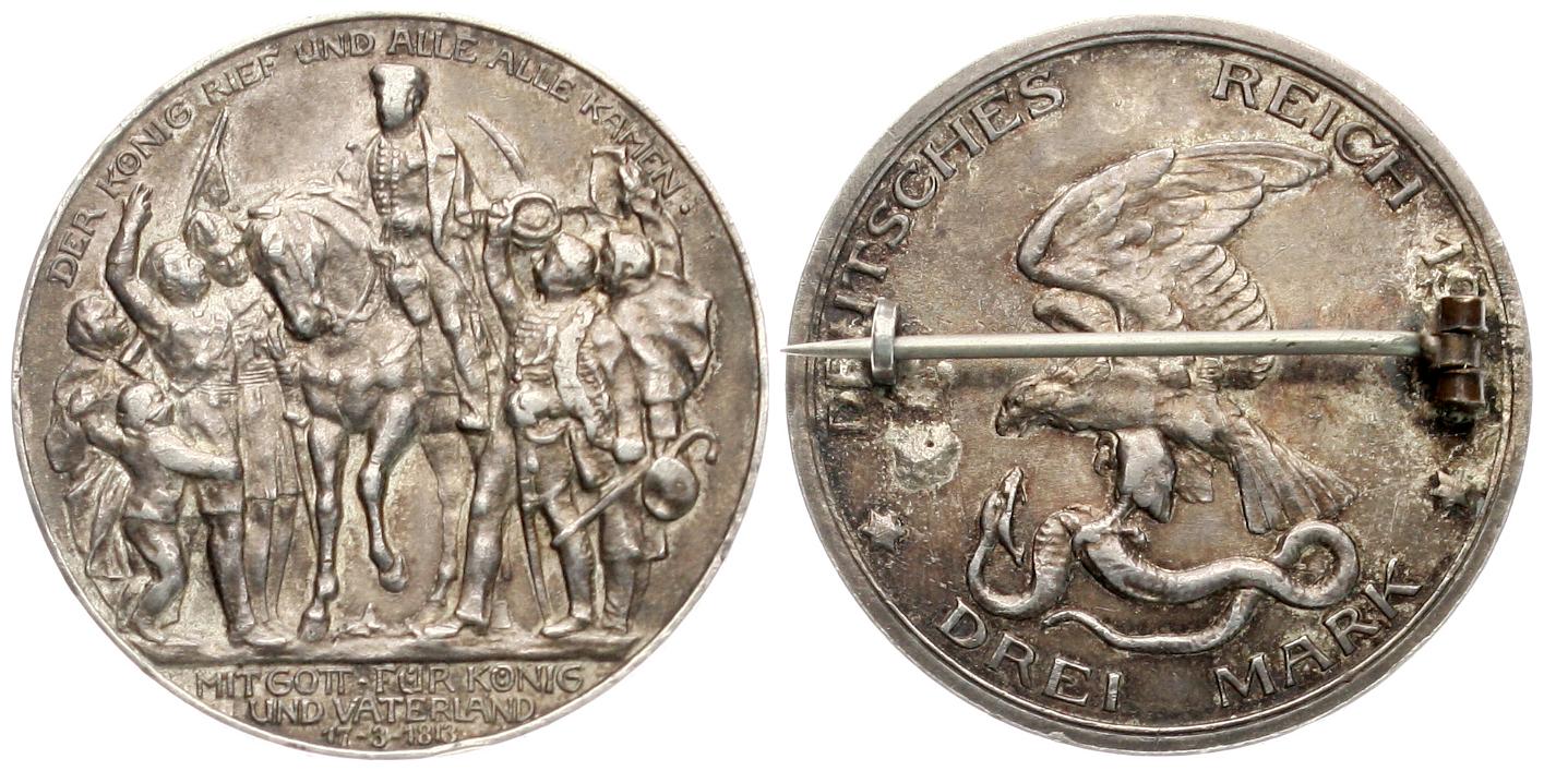  Kaiserreich: 3 Mark 1913, Befreiungskriege mit intakter Anstecknadel   