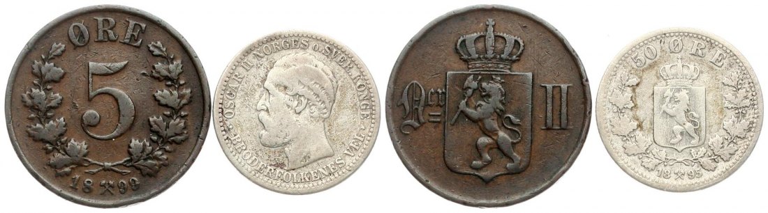  Norwegen: Lot von 5 Øre 1899 und 50 Øre 1895 (Silber), siehe Bilder!   