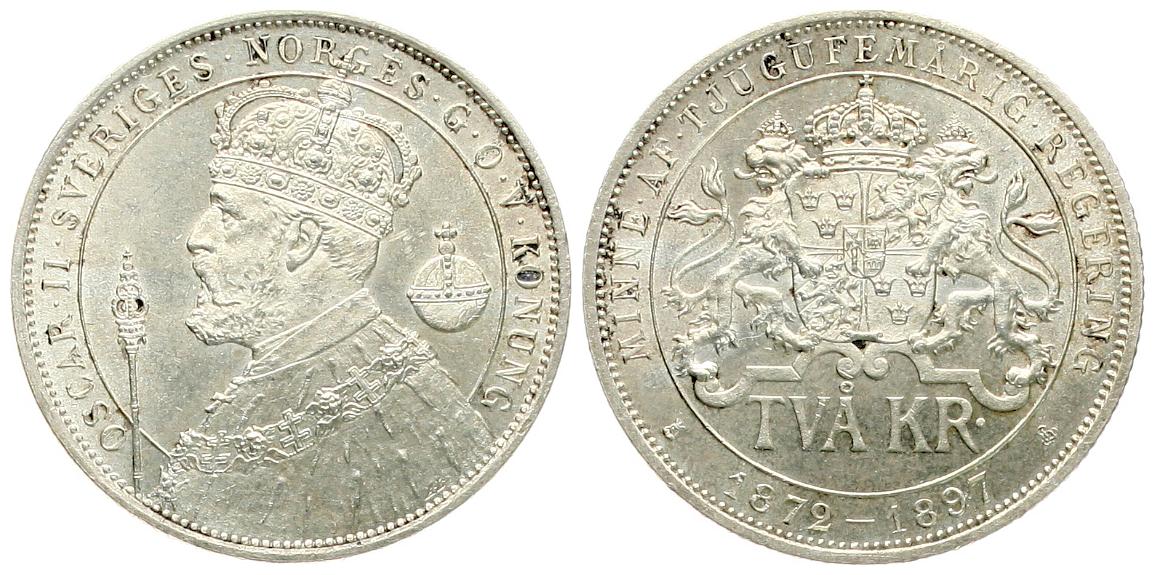  Schweden: Oscar II., 2 Krona 1897 zum 25 jährigen Regiersungsjubiläum, prachtvoll erhalten!   