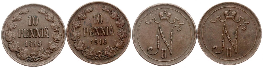  Finnland/Russ. Zarenreich: Lot von 2 x 10 Penniä 1915 & 1916   