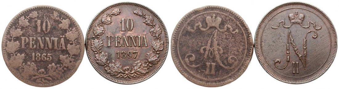  Finnland/Russ. Zarenreich: Lot von 2 x 10 Penniä 1865 & 1897   