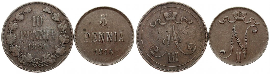  Finnland/Russ. Zarenreich: Lot von 5 & 10 Penniä 1916 & 1891   