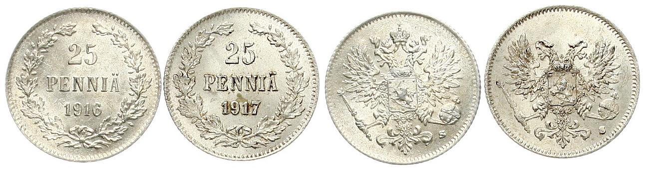  Finnland/Russ. Zarenreich: Lot von 2 x 25 Penniä, Silber, 1916 & 1917 (1917, Volksaufstand)   