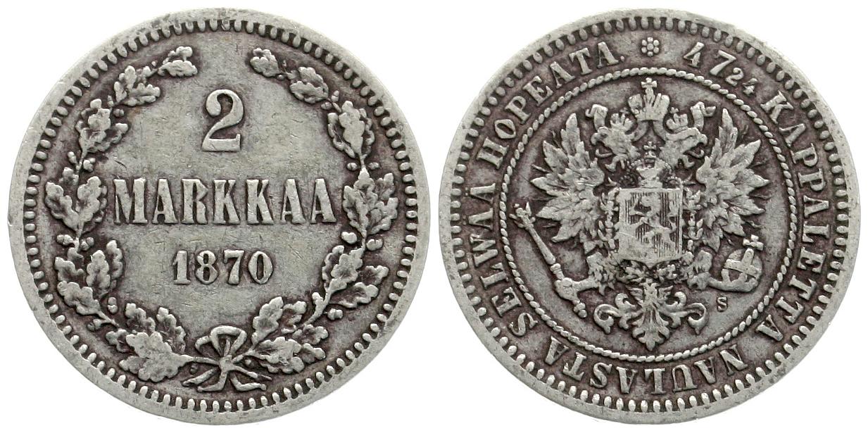  Finnland: Alexander II. (von Russland) 2 Markaa 1870 S, Silber, näheres unten!   