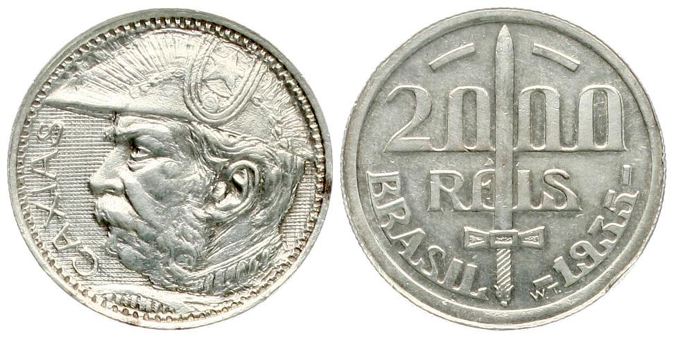  Brasilien: 2000 Reis 1935, 8 gr. Silber (500er) 4 gr. fein, KM# 535   