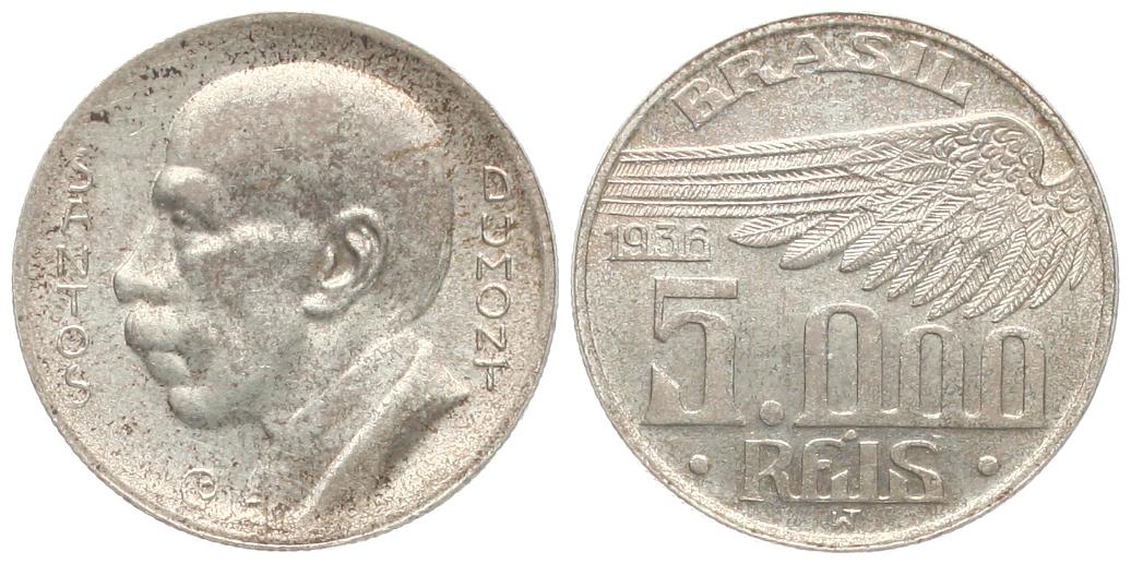  Brasilien: 5000 Reis 1935, 10 gr. Silber (600er) 6 gr. fein, KM# 543   
