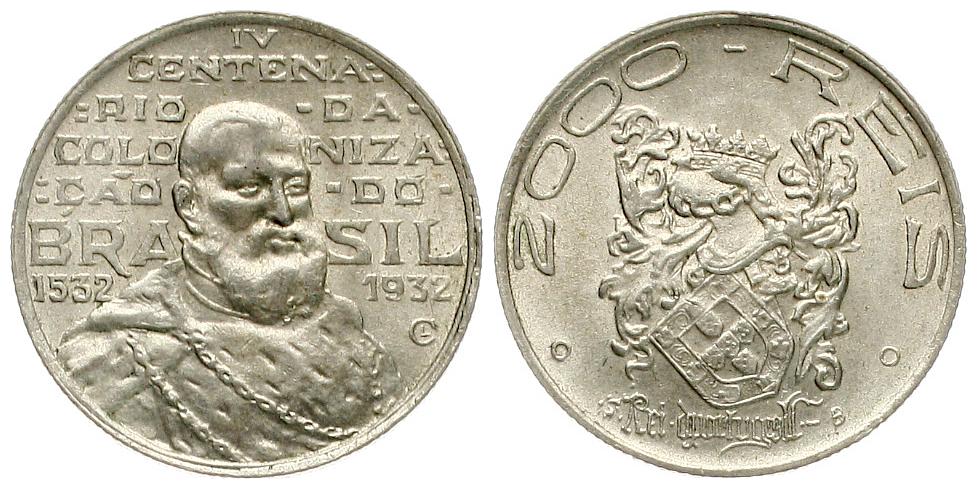  Brasilien: 2000 Reis 1932, 7,5 gr. Silber (500er) 3,75 gr. fein, KM# 532   