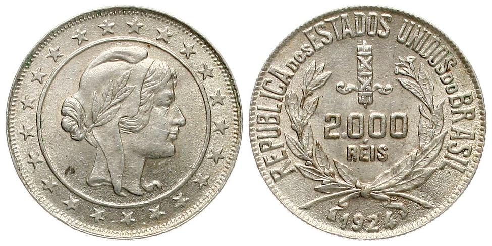  Brasilien: 2000 Reis 1924, 8 gr. Silber (500er) 4 gr. fein, KM# 526   