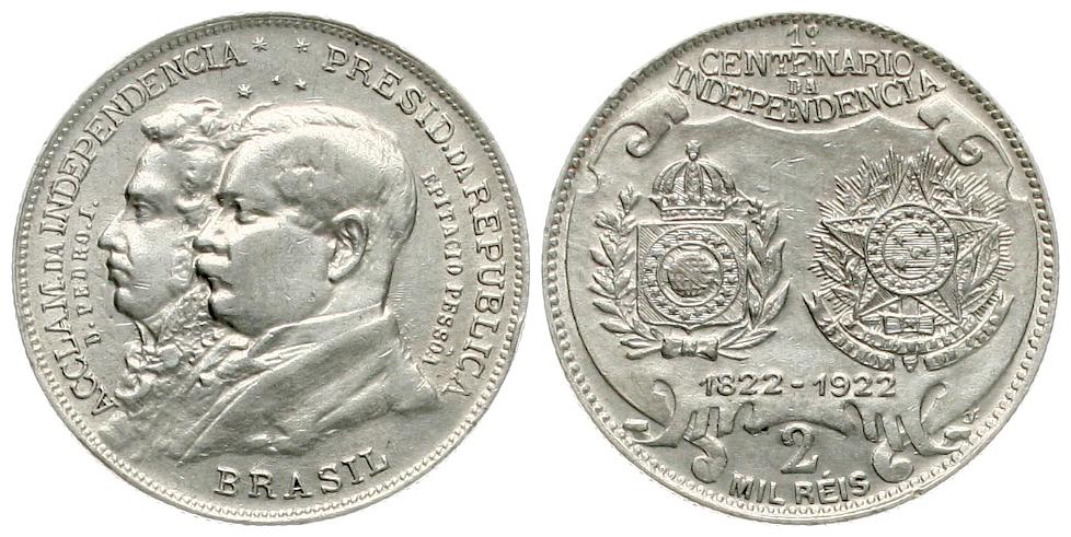  Brasilien: 2000 Reis 1922, 7,9 gr. Silber (900er) 7,11 gr. fein, KM# 523   