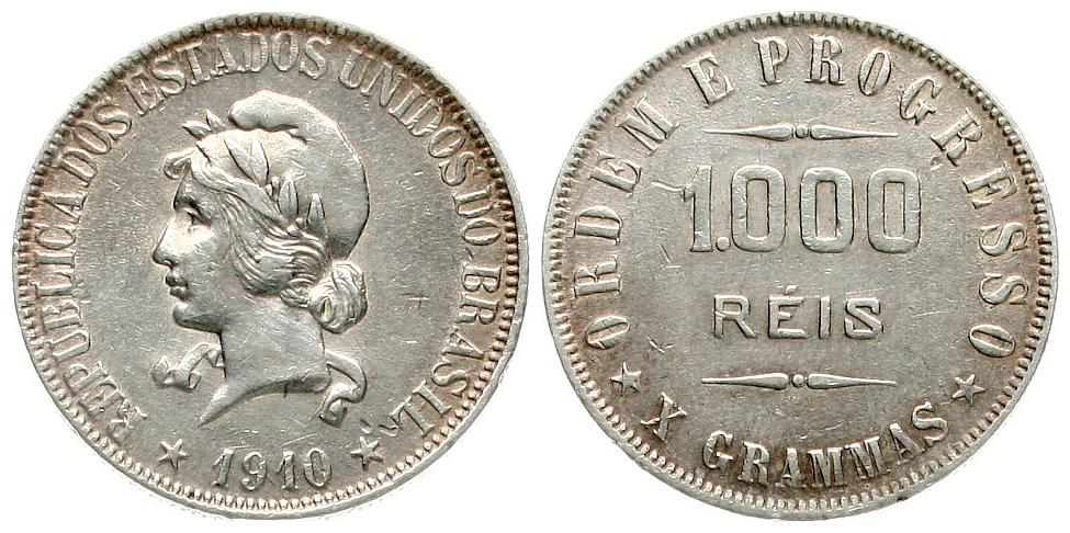  Brasilien: 1000 Reis 1910, 10 gr. Silber (900er) 9 gr. fein, KM# 507   
