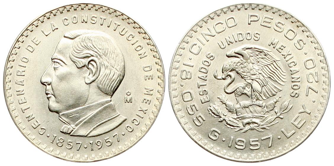  Mexiko: 5 Pesos 1957, Bentio Juarez, auf Freiheit und Unabhängigkeit, Silber, siehe unten!   