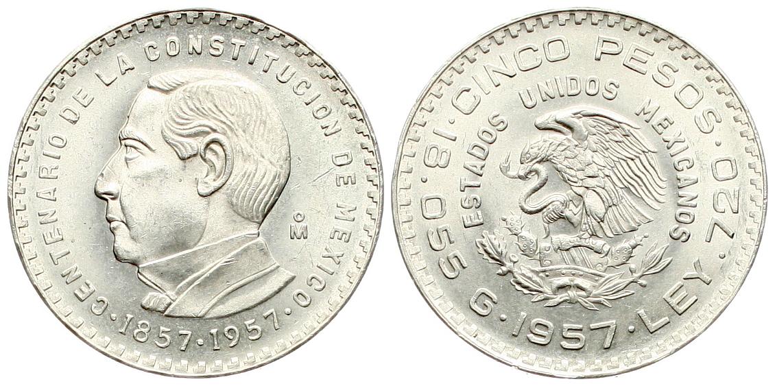  Mexiko: 5 Pesos 1957, Bentio Juarez, auf Freiheit und Unabhängigkeit, Silber, siehe unten!   