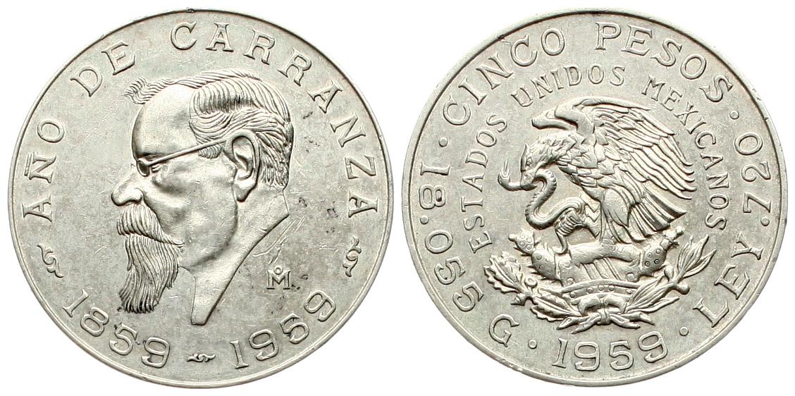  Mexiko: 5 Pesos 1959, Republik, Venustaino Carranza vz+, Silber!   