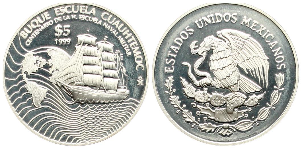  Mexiko 5 Pesos 1999, Feinsilber in Kapsel, selten, siehe Angaben unten!   