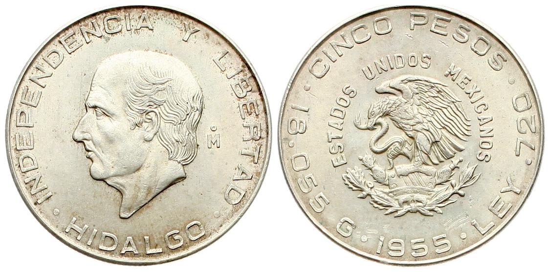  Mexiko: 5 Pesos 1955, Republik, Hidalgo, Silber, siehe unten!   