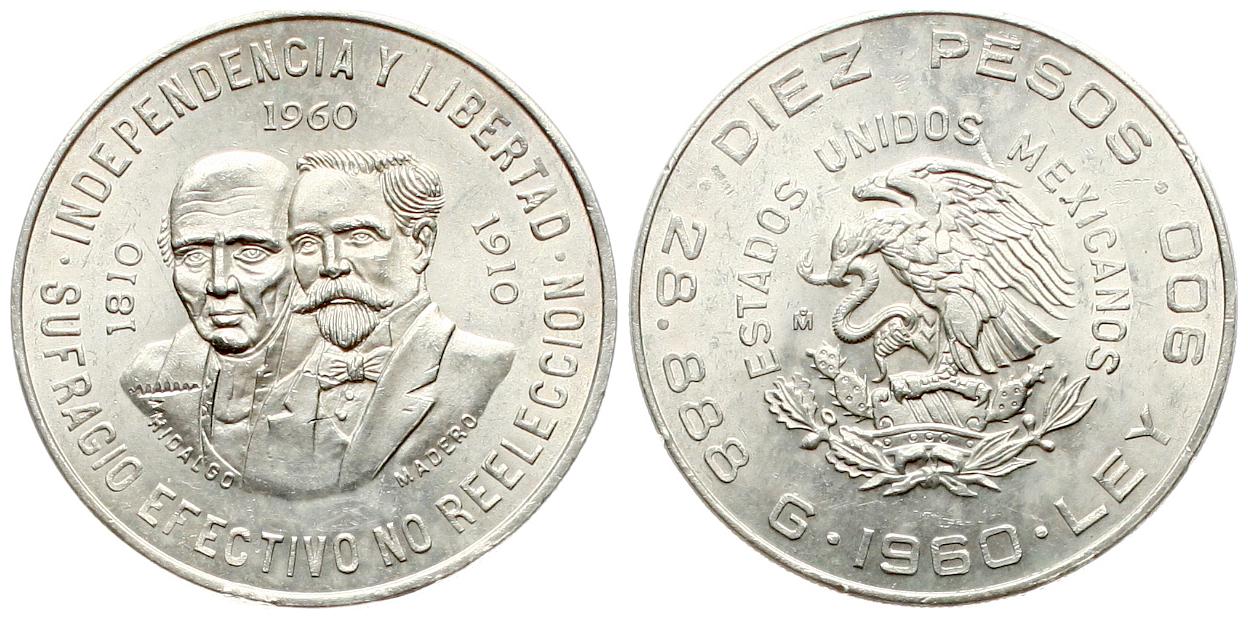  Mexiko: 10 Pesos 1960, 150 Jahre Unabhängigkeitskriege, Silber, näheres unten!   