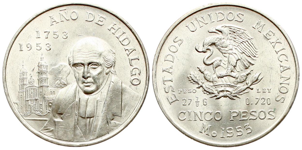  Mexiko: 10 Pesos 1953, 200. Geburtstag Hidalgo, Silber, siehe unten!   
