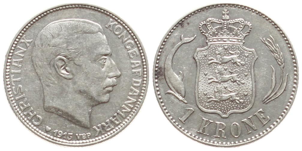  Dänemark: Christian X., 1 Krone 1915, Silber   