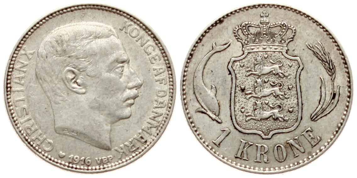  Dänemark: Christian X., 1 Krone 1916, Silber   