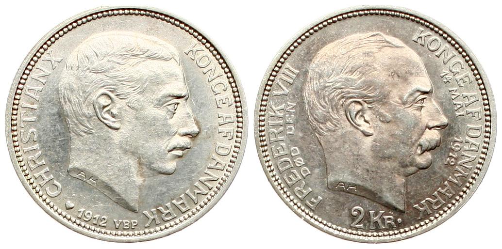  Dänemark: Christian X., 2 Kroner 1912, Silber, auf den Thronwechsel, zum Tod Frederik VIII.   