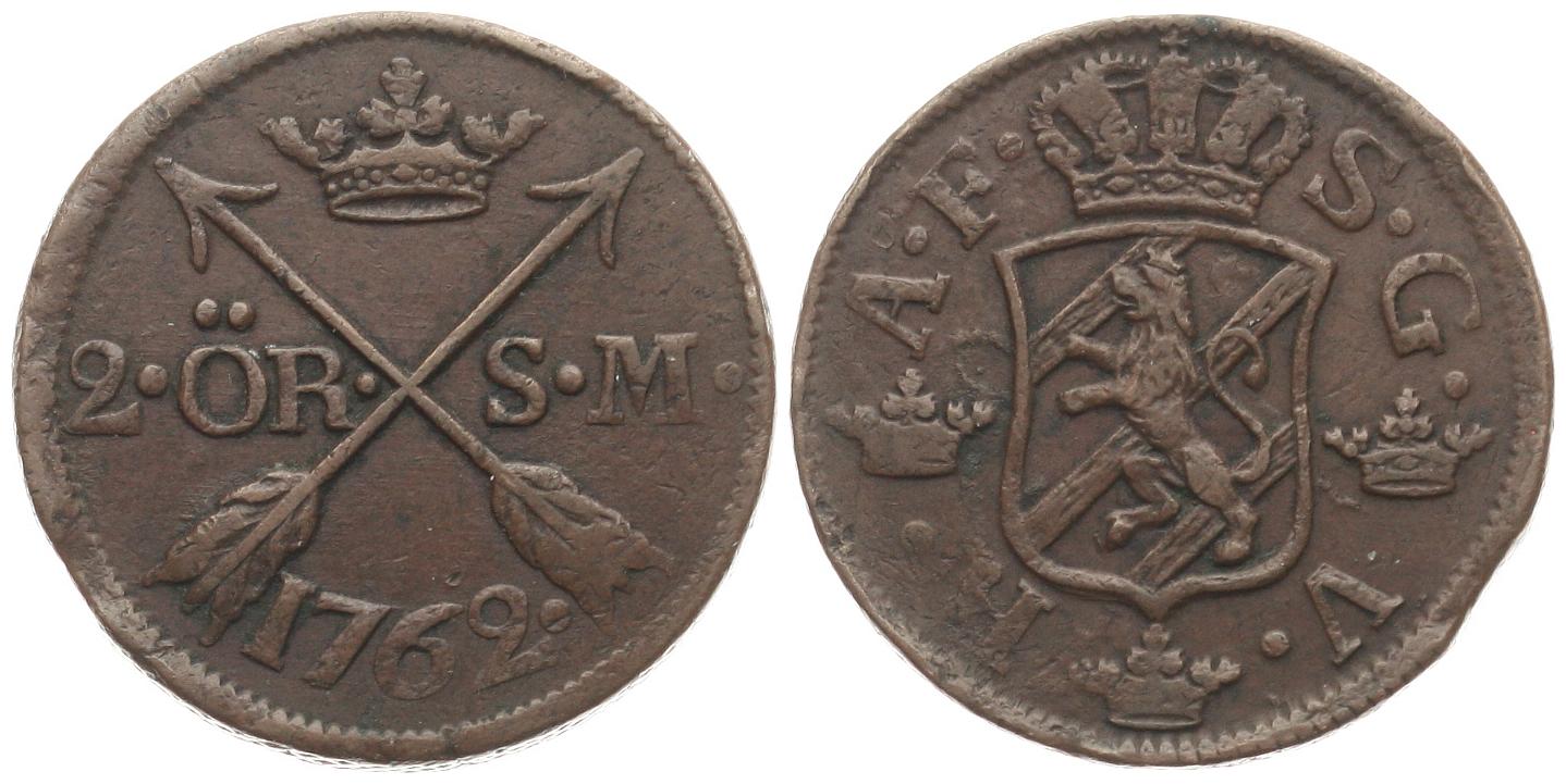  Schweden: Adolf Friedrich, 1751-1771, 2 Öre 1762,  fss   