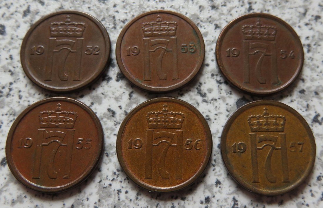  Norwegen 1 Öre 1952, 1953, 1954, 1955, 1956 und 1957   