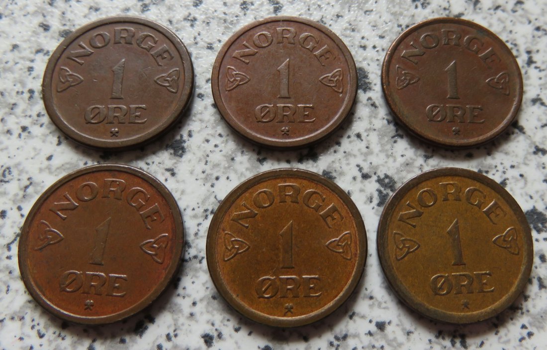  Norwegen 1 Öre 1952, 1953, 1954, 1955, 1956 und 1957   