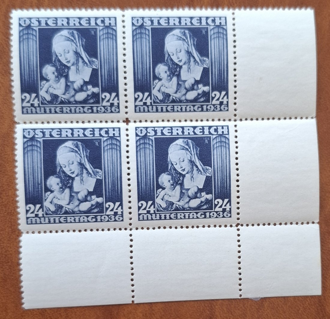  ÖSTERREICH, Muttertag 1936, Mi 627, 4er-Kontrollblock, (**) Zähnung gefaltet   