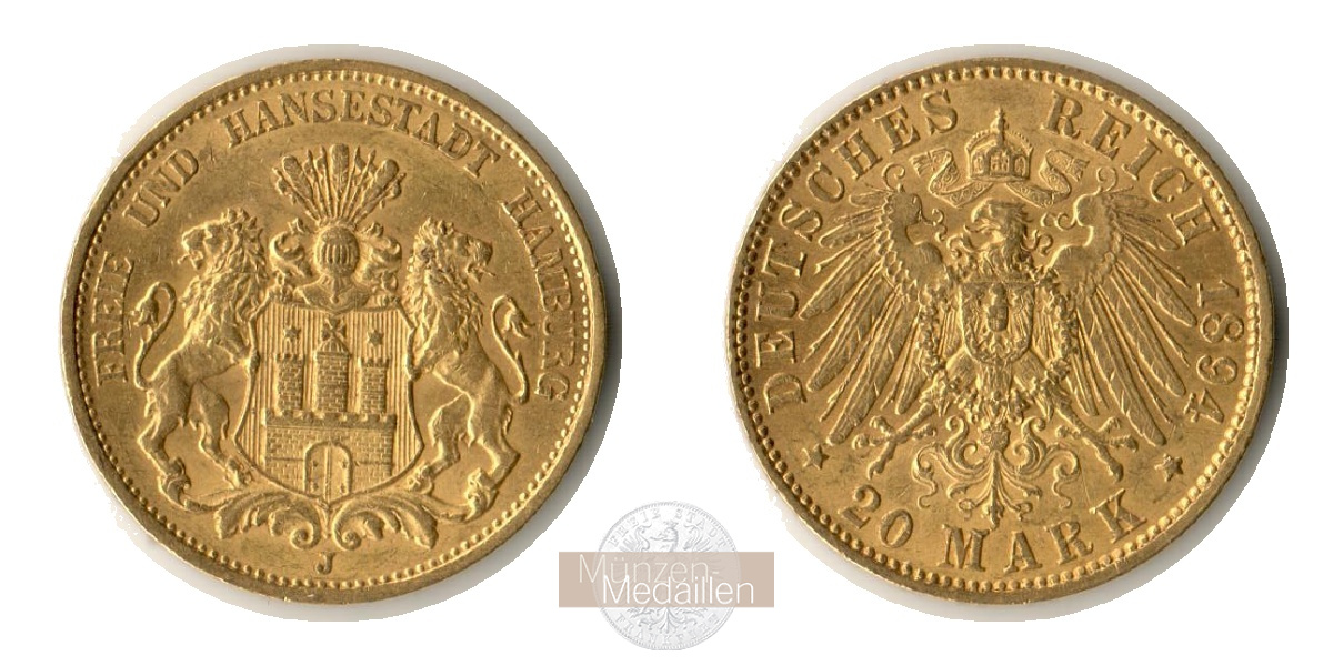 Deutsches Kaiserreich. Hamburg MM-Frankfurt Feingold: 7,17g 20 Mark 1894 J 