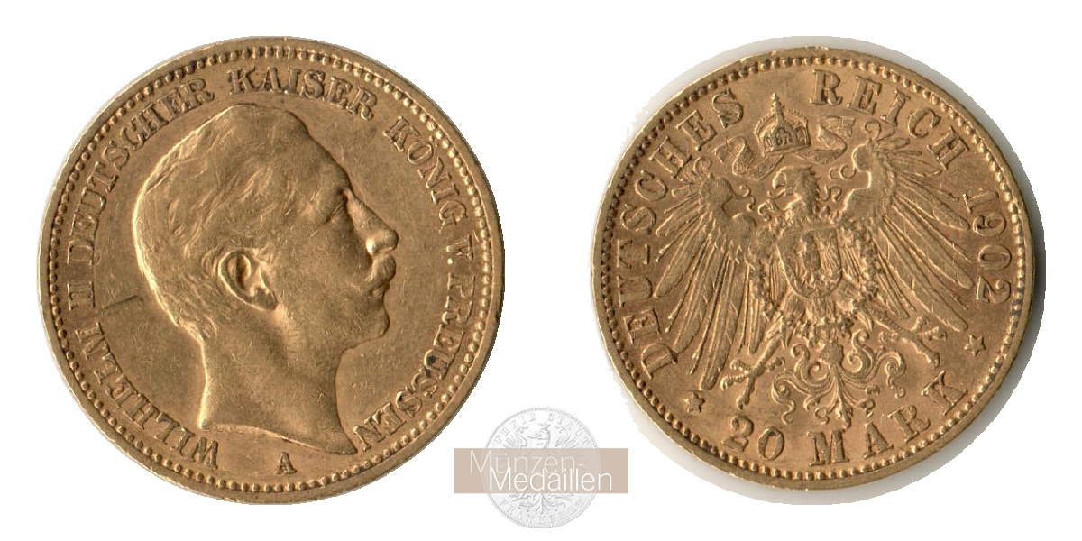 Preussen, Kaiserreich  20 Mark MM-Frankfurt Feingold: 7,17g Wilhelm II.  1888-1918 1902 A 