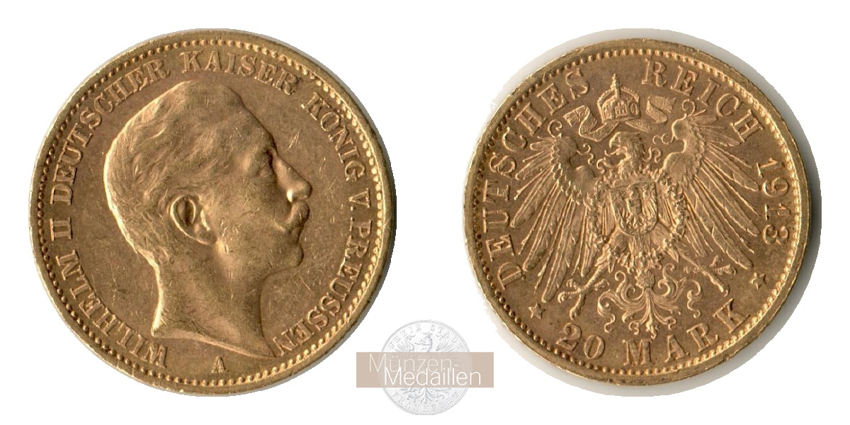 Preussen Kaiserreich  20 Mark MM-Frankfurt Feingold: 7,17g Wilhelm II. 1888-1918 1913 A 