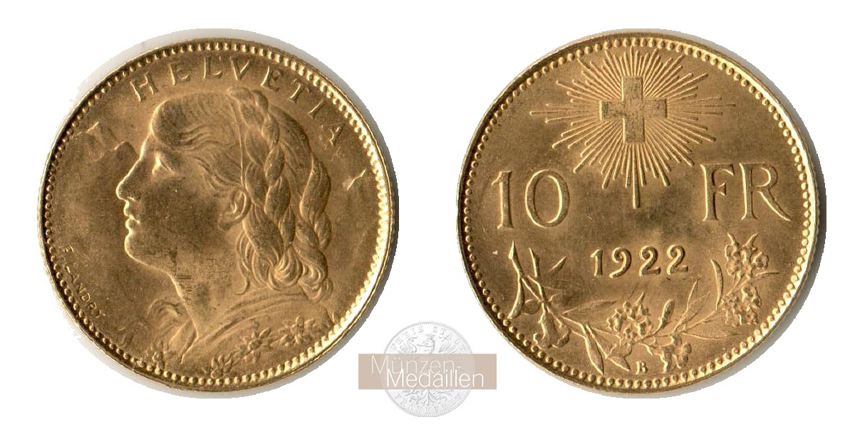  Schweiz. 10 Francs 1922 B.  MM-Frankfurt  KM#36  Feingold: 2,9g   