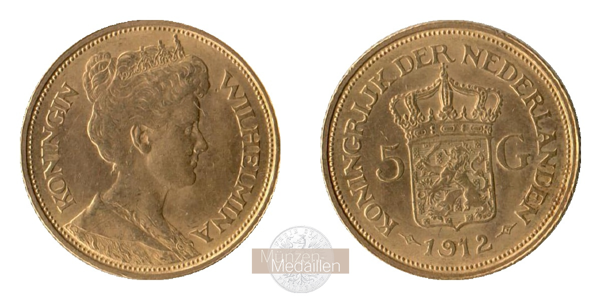 Niederlande, Wilhelmina MM-Frankfurt KM#151 Feingold: 3,02g 5 Gulden 1912 