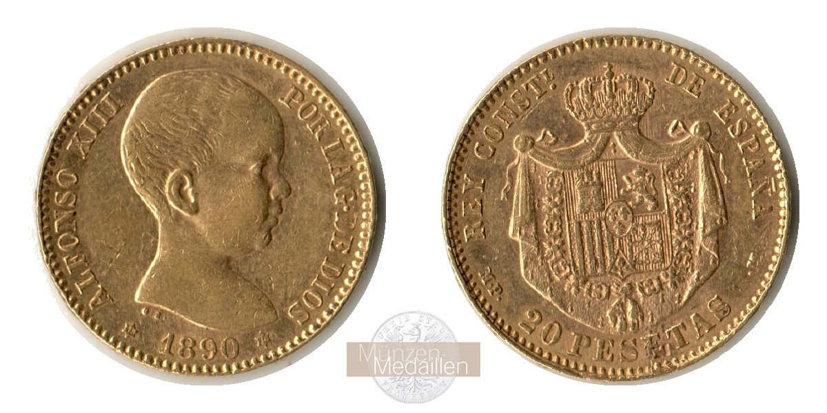  Spanien 20 Pesetas Alfonso XIII 1890 (1887-1890) MM-Frankfurt KM#693 Feingold: 5,805g   