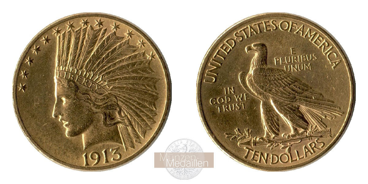  USA 10 Dollar Eagle Indian Head 1913 KM#130 MM-Frankfurt Feingold: 15,05g   