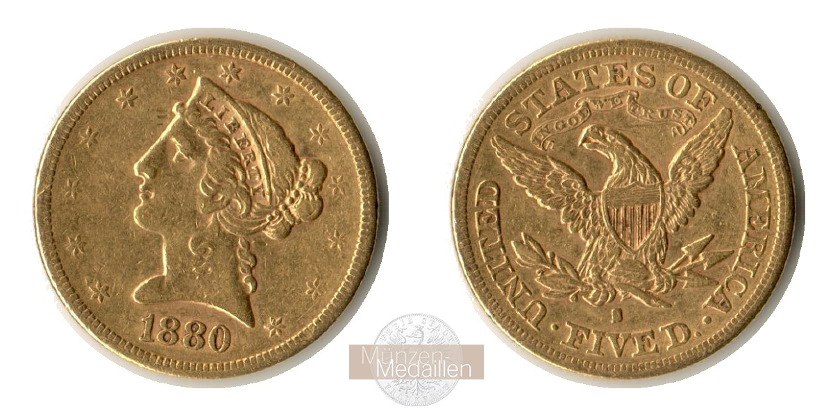 USA  5 Dollar MM-Frankfurt   Feingold: 7,52g Half Eagle 1880 S 