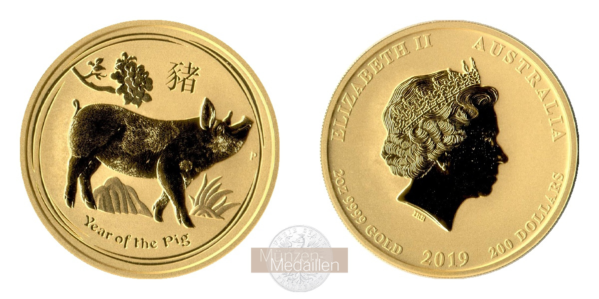 Australien MM-Frankfurt Feingold: 62,2g 200 Dollar  Schwein 2019 