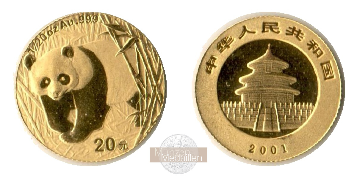 China, Volksrepublik. MM-Frankfurt Feingewicht 1,55g 20 Yuan (Panda) 2001 