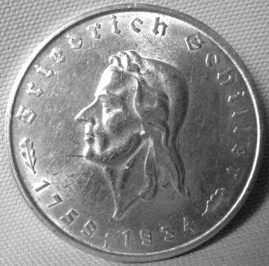  3. Reich, 5 RM 1934 F, Schiller   