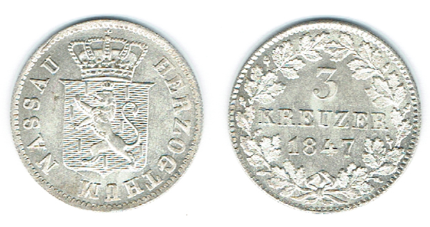  SZAIVERT ALTDEUTSCHLAND NASSAU HERZOGTUM ADOLF 3 KREUZER 1847   