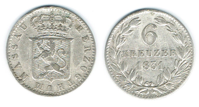  SZAIVERT ALTDEUTSCHLAND NASSAU HERZOGTUM WILHELM 6 KREUZER 1831   