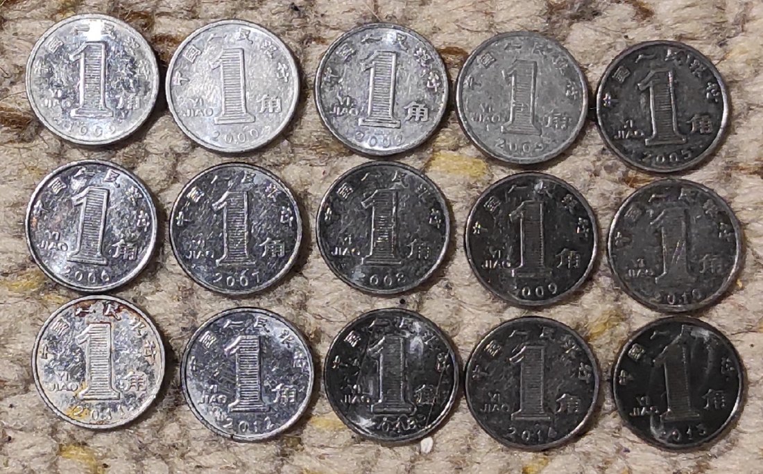  Set 030: China Münzlot mit 15 x 1 Yi Jiao Stücken verschiedener Jahrgänge   