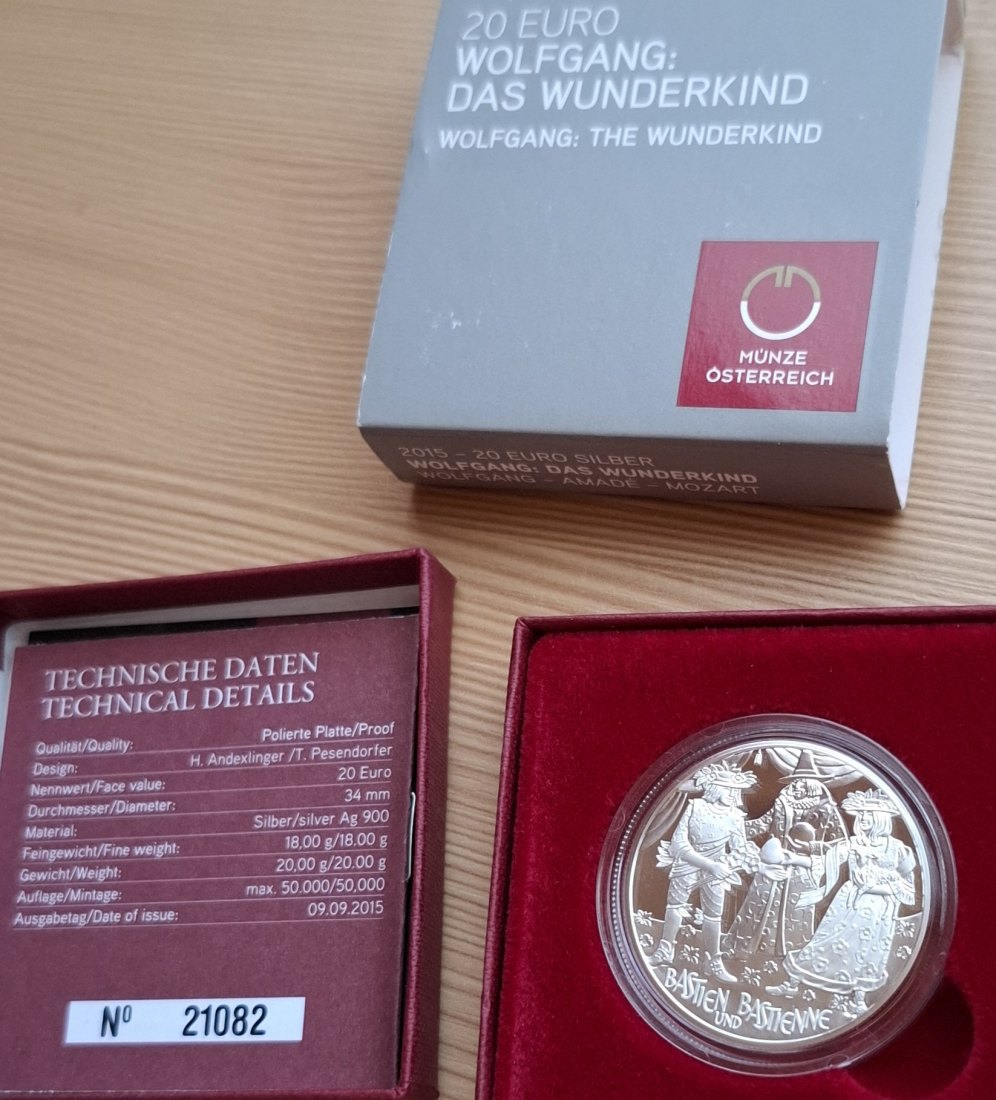 20 SILBER EURO 2015, MOZART Wunderkind, in Original-Set der Österreich Münze, Zertifikat