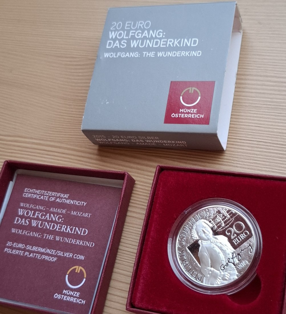  20 SILBER EURO 2015, MOZART Wunderkind, in Original-Set der Österreich Münze, Zertifikat   