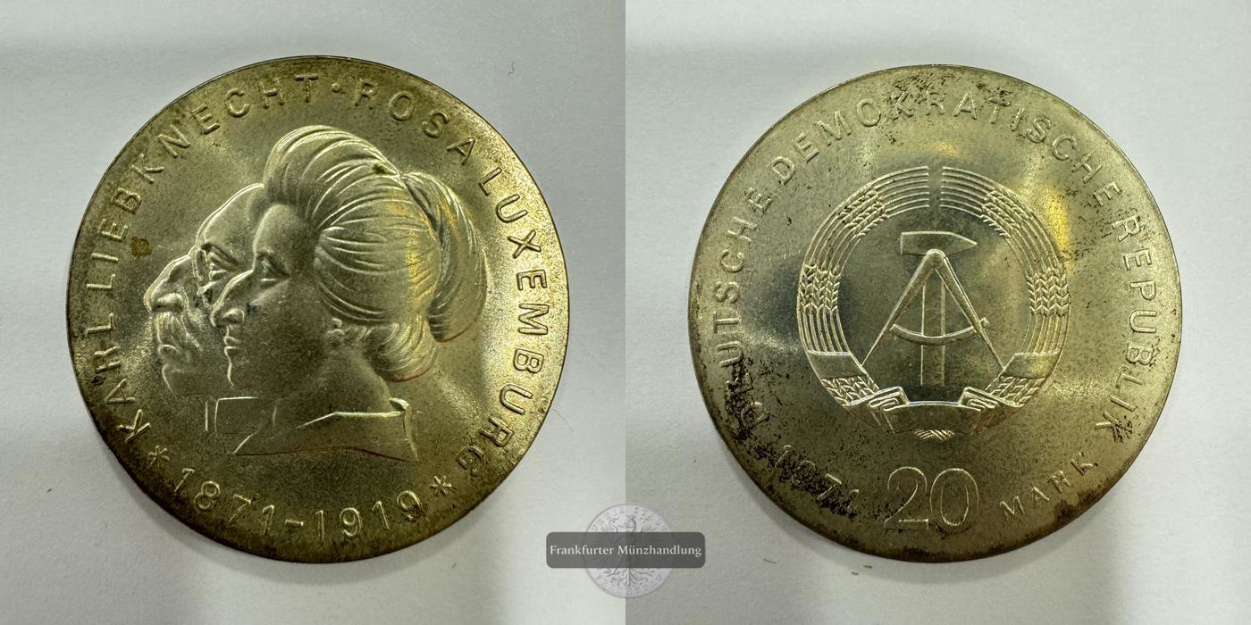  DDR 20 Mark (Karl Liebknecht and Rosa Luxemburg) 1971 FM-Frankfurt KM#32 Feinsilber: 13,06g   